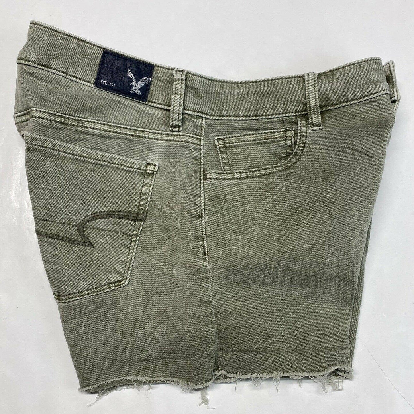 American Eagle Hi-Rise Shortie Sz 8 Super Super Stretch Green Denim Short RawHem