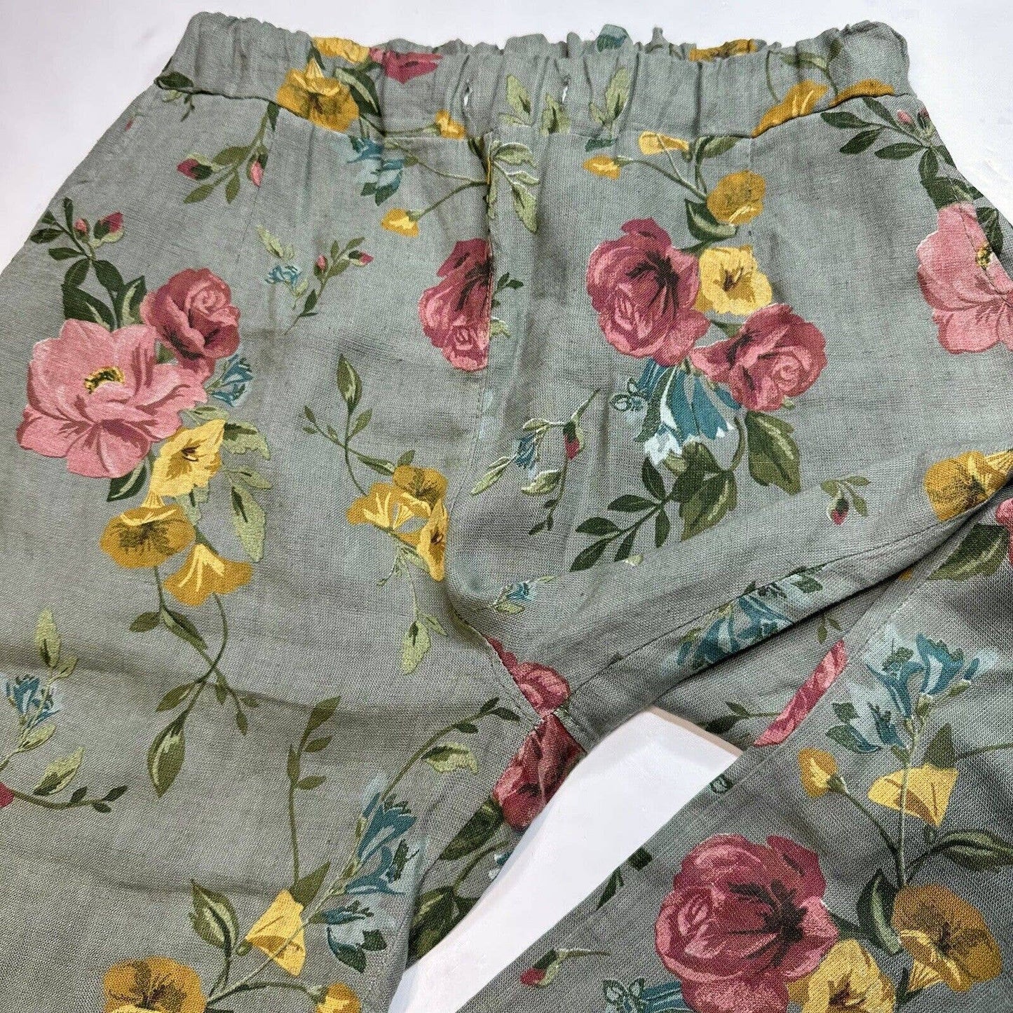 Belle France 100% Linen Crop Pants Medium Pull On Green Floral Italy No Drstring