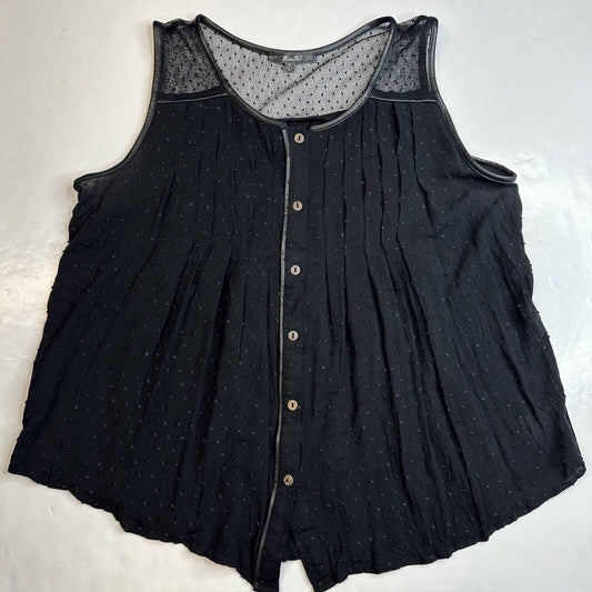 Miss Me Button Up Tank Top Sz Medium Black Sleeveless Faux Leather Trim Sheer