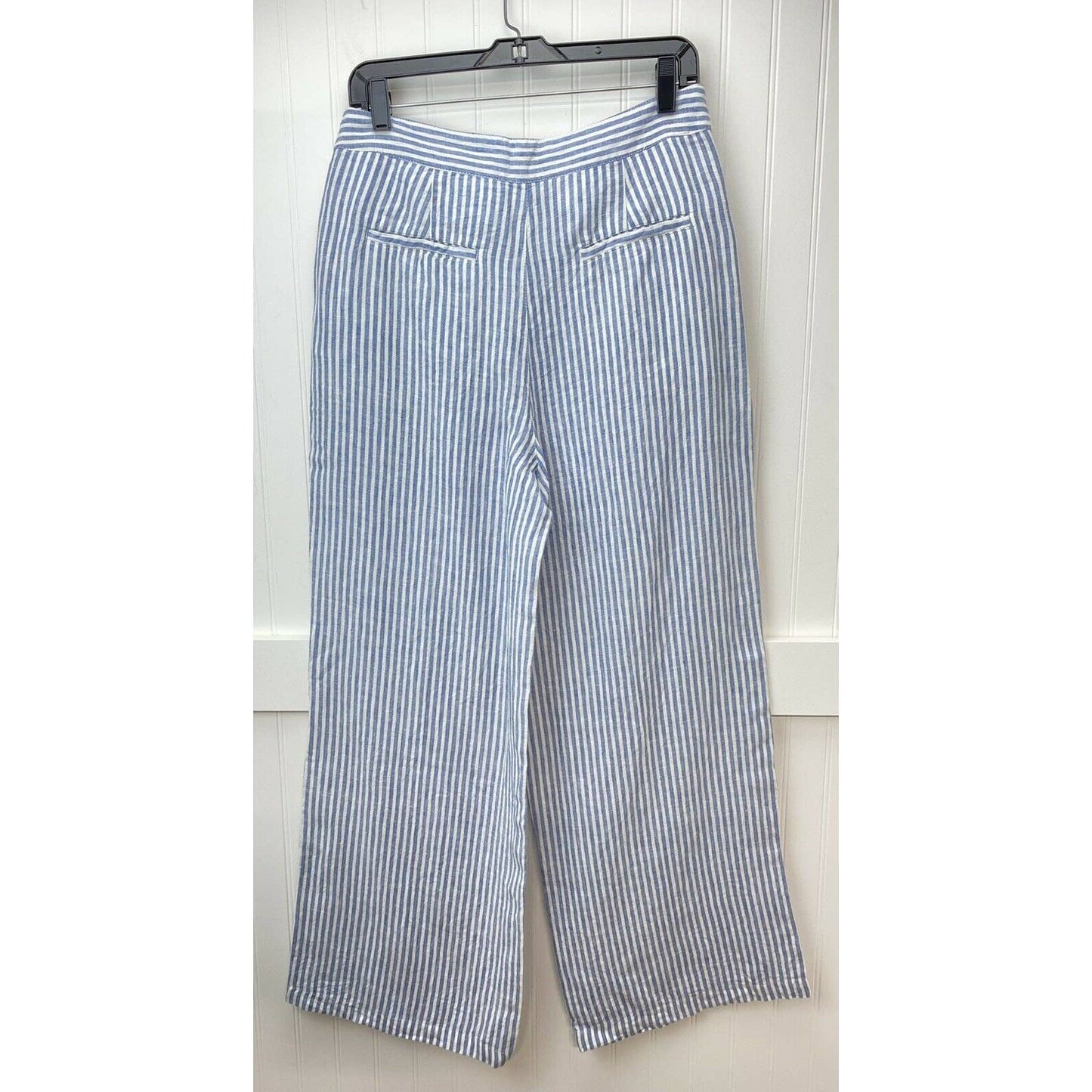 Tahari 100% Linen Wide Leg Pants Sz 12 High Rise Blue White Stripes Lightweight