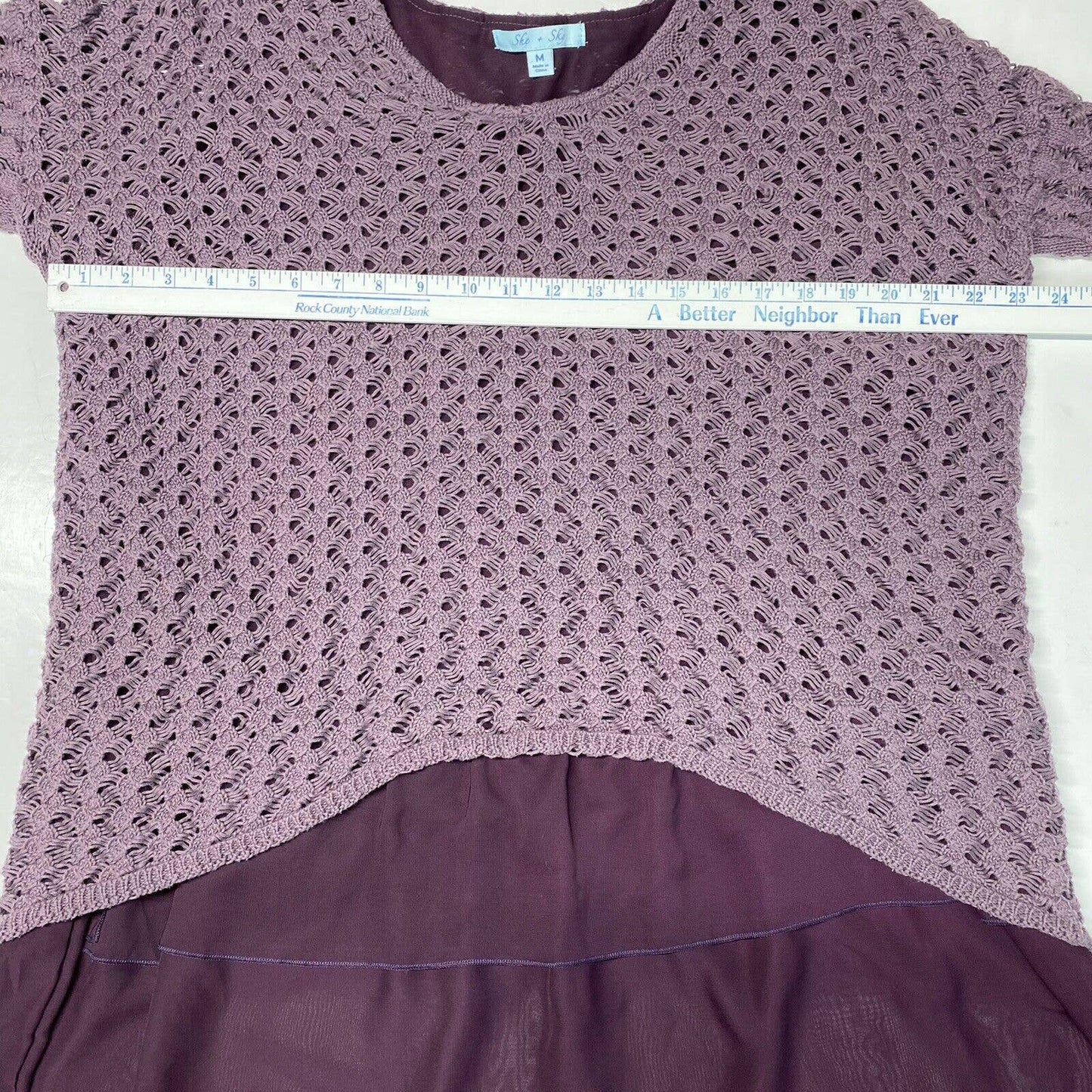 She + Sky Layered Tunic Sweater Sz Medium Purple Crochet Long Sleeve Shirt Boho