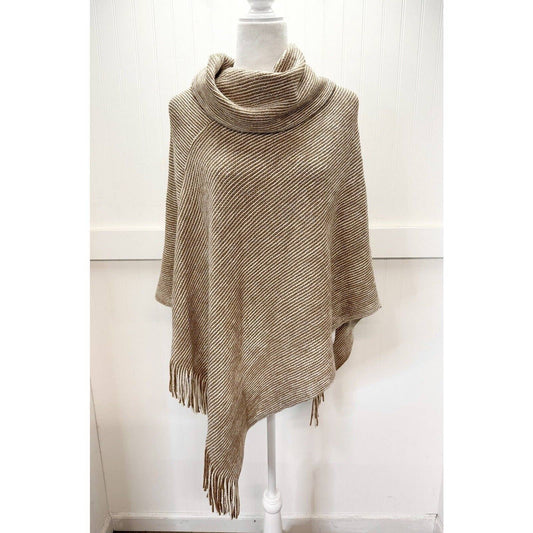 Chicos Cowl Neck Poncho OS Beige/Tan Metallic Striped Knit Sweater Fringe NEW