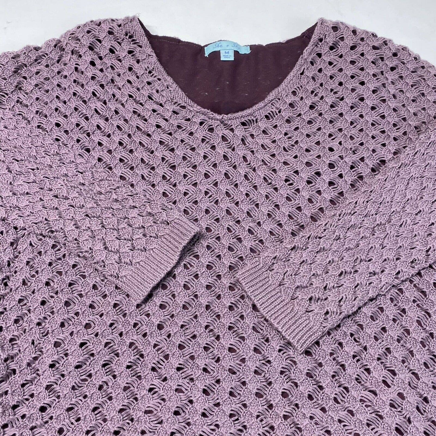 She + Sky Layered Tunic Sweater Sz Medium Purple Crochet Long Sleeve Shirt Boho