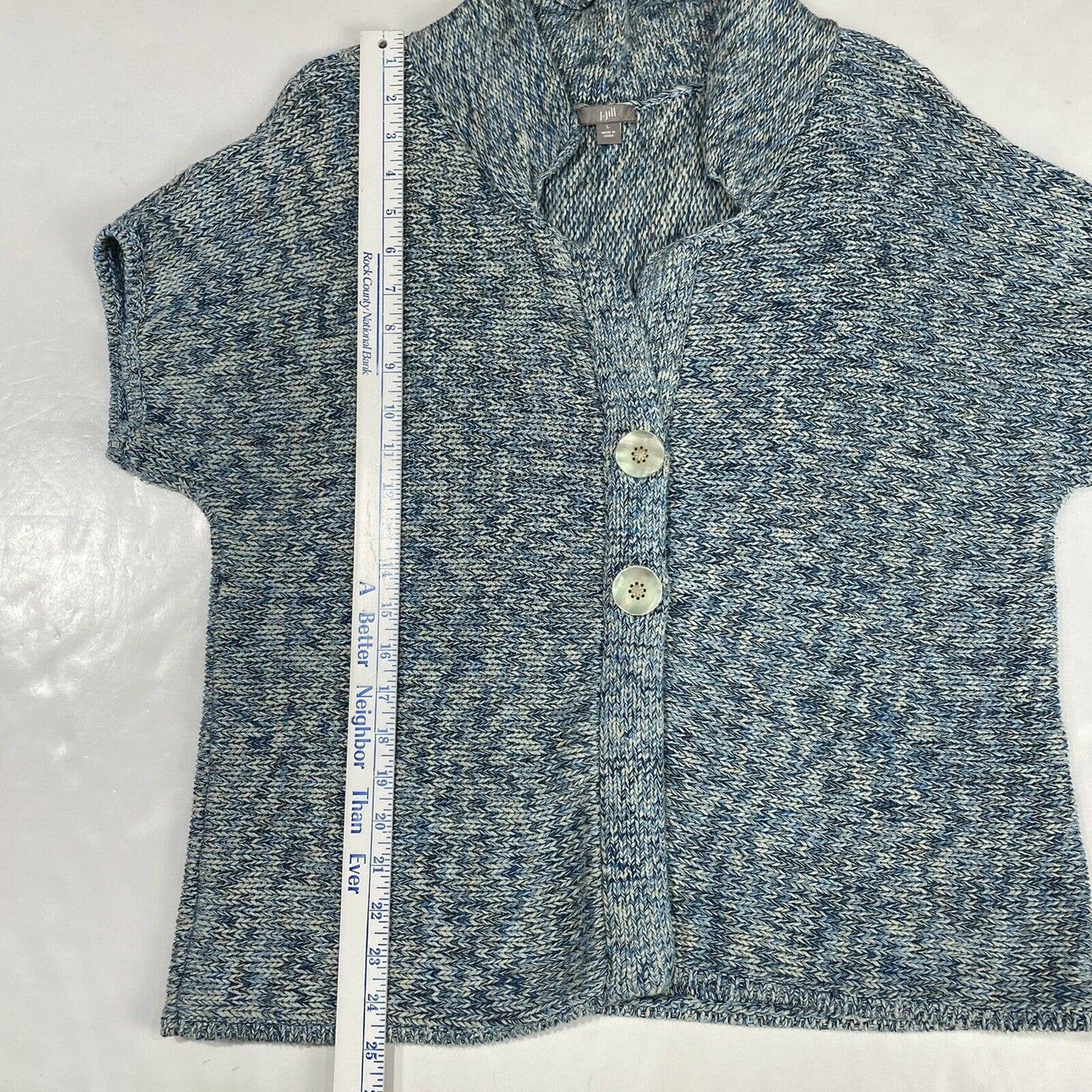 J Jill Knit Cardigan Sz Large Womens Blue Short Sleeve Sweater Layer Big Buttons