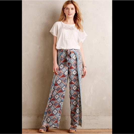 Elevenses Wide Leg Pants Sz 0 Seaflower Pattern Sheer Flowy Boho Anthropologie