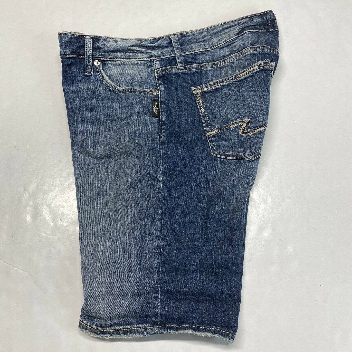 Silver Elyse Bermuda Shorts Sz 30 (34" Waist) Curvy Denim Blue Jean Distress EUC