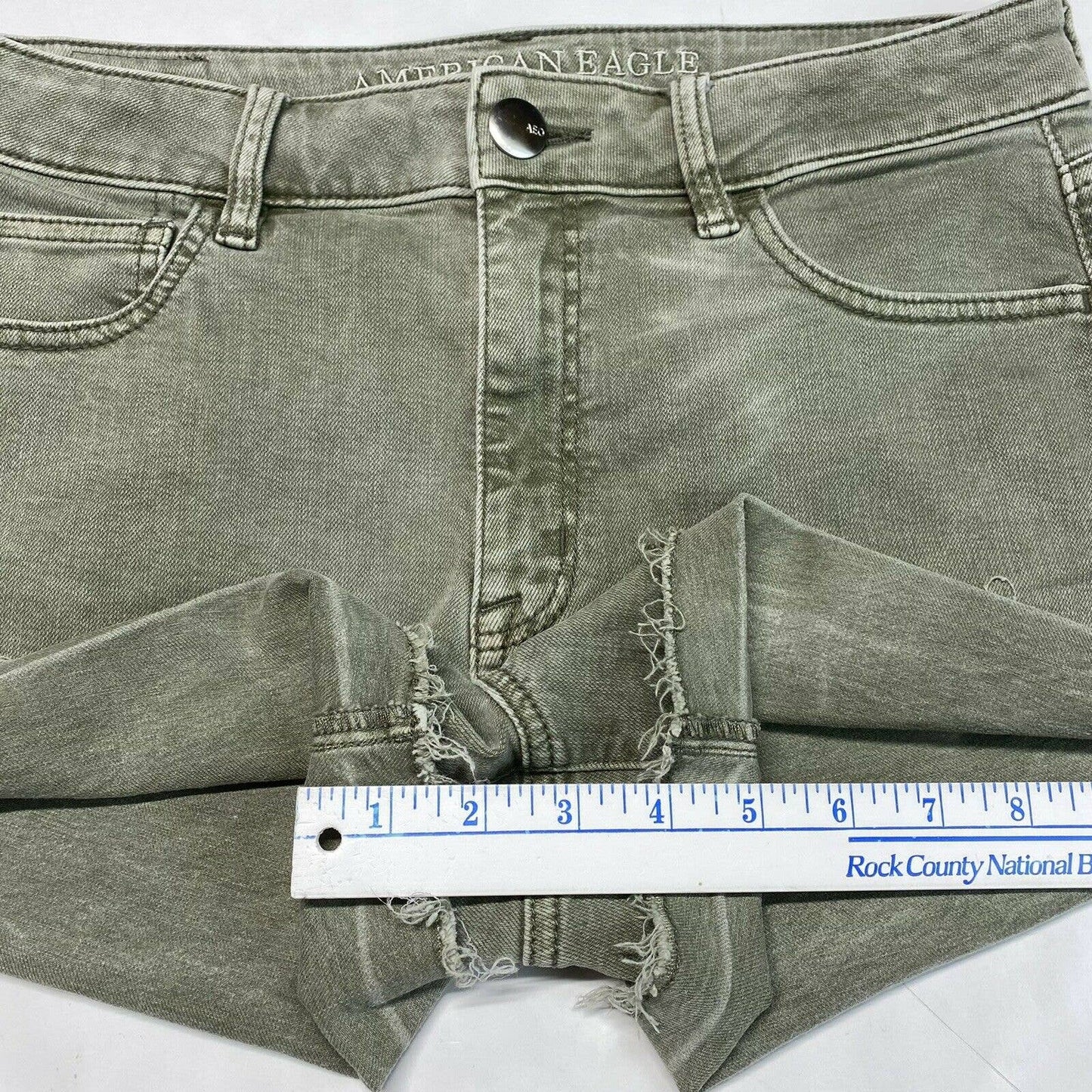 American Eagle Hi-Rise Shortie Sz 8 Super Super Stretch Green Denim Short RawHem