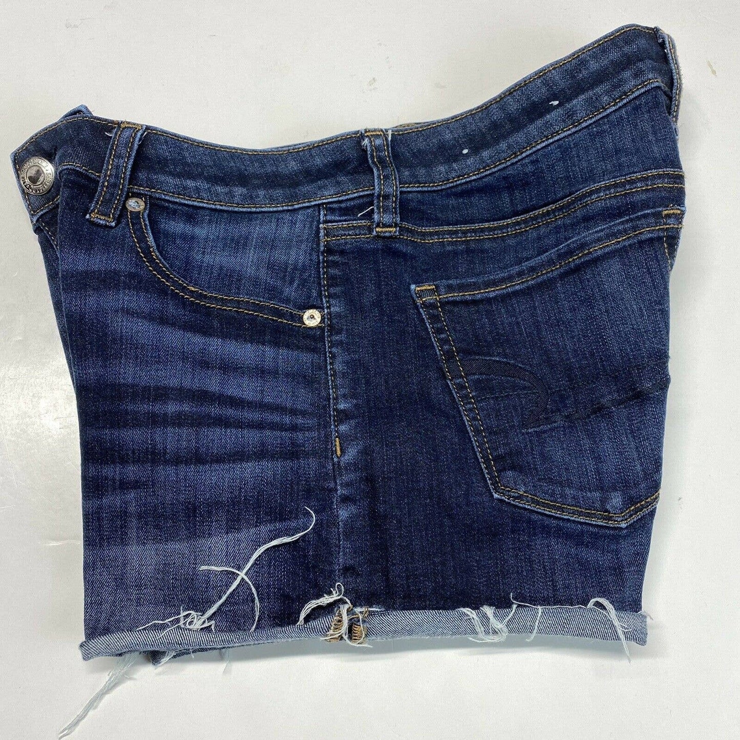 American Eagle Shortie Sz 8 Midrise Super Stretch Denim Shorts Dark Raw Hem EUC