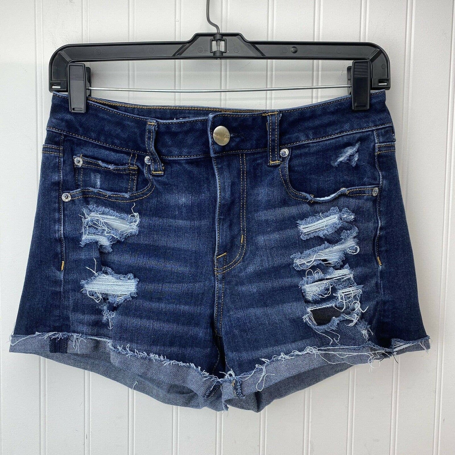 American Eagle Hi-Rise Shortie Sz 6 360 Super Stretch Denim Shorts Holes EUC