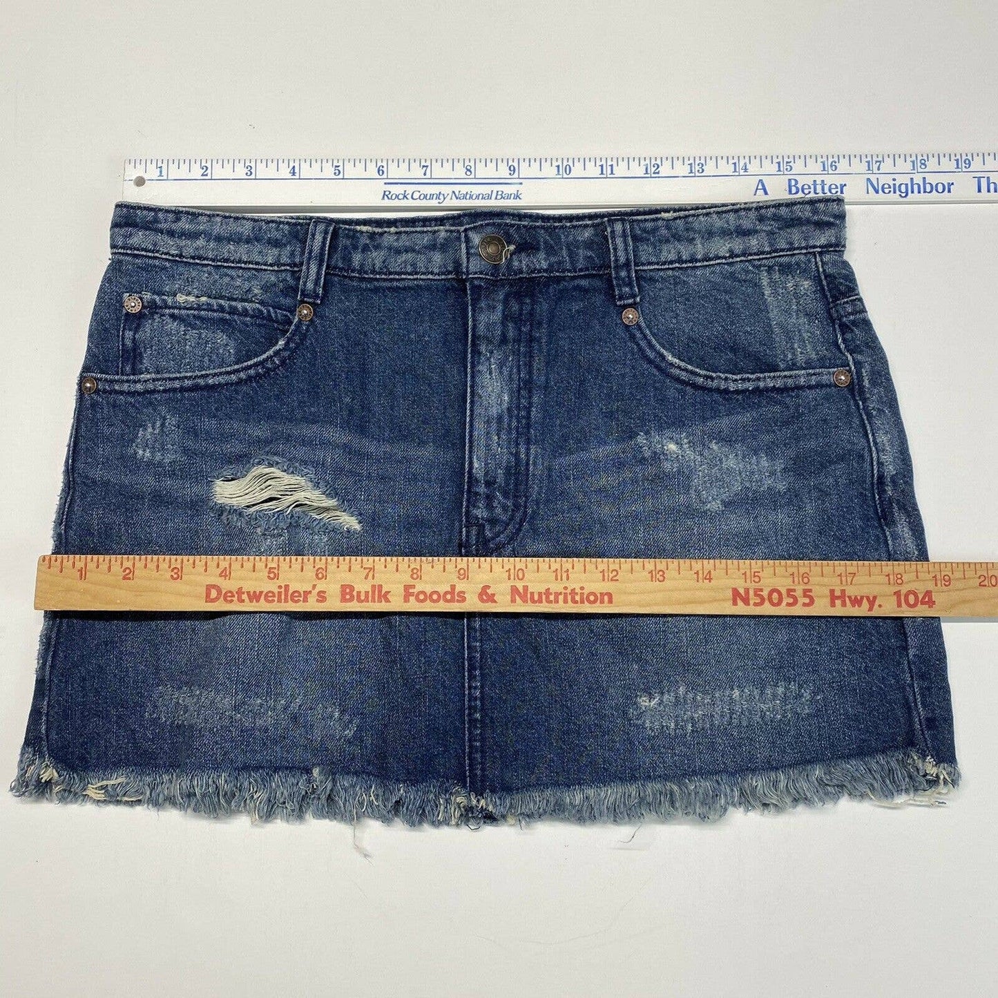 Free People Micro Mini Skirt Sz 6 Denim Blue Jean Distress Holes 100% Cotton EUC