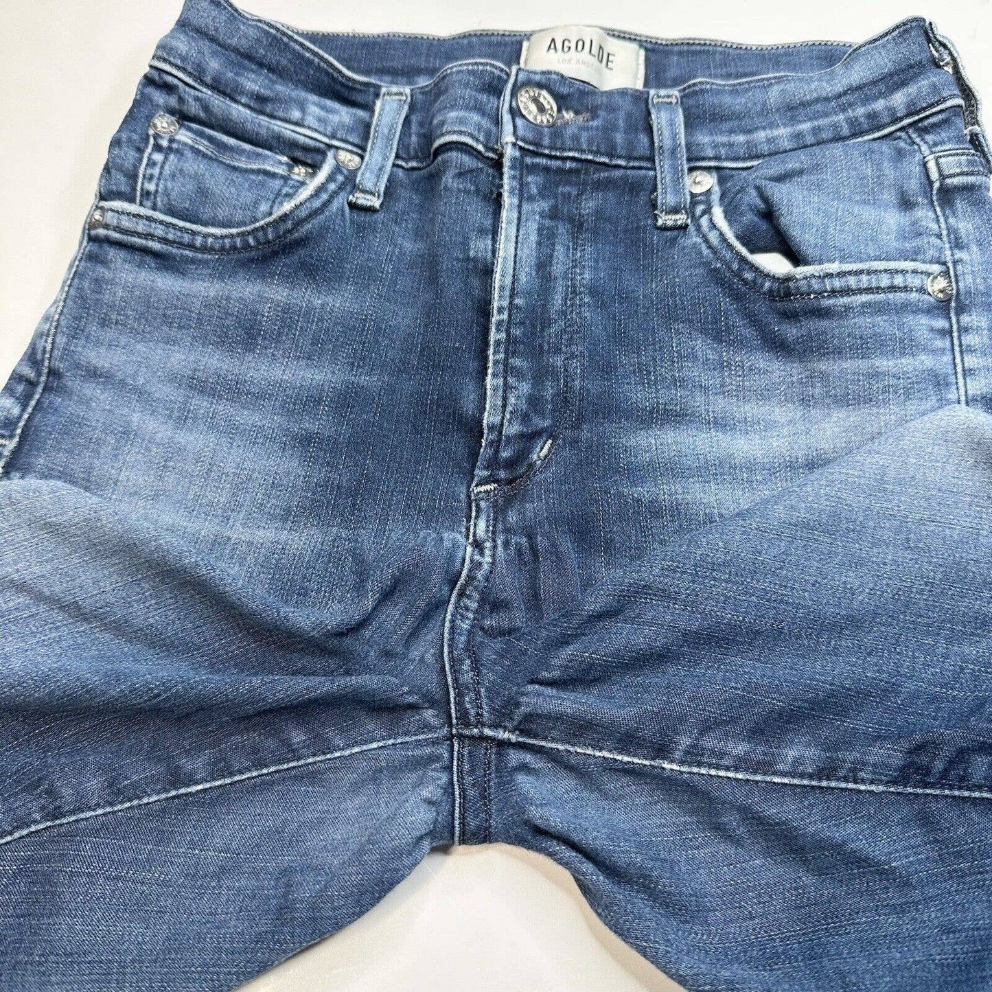 AGOLDE Sophie Crop Jeans Womens 24 Midrise Blue Denim Medium Wash Raw Hem Fray