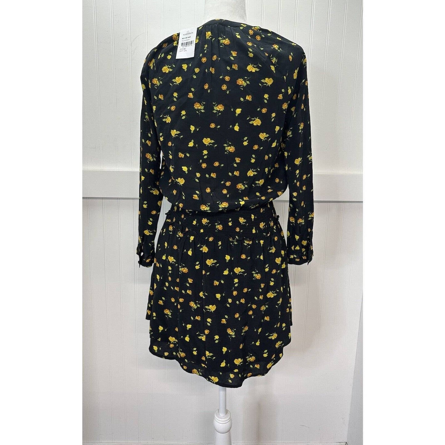 Rails Jasmine Dress XS Black Floral Yellow Roses Semi Sheer Smocked Waist NEW