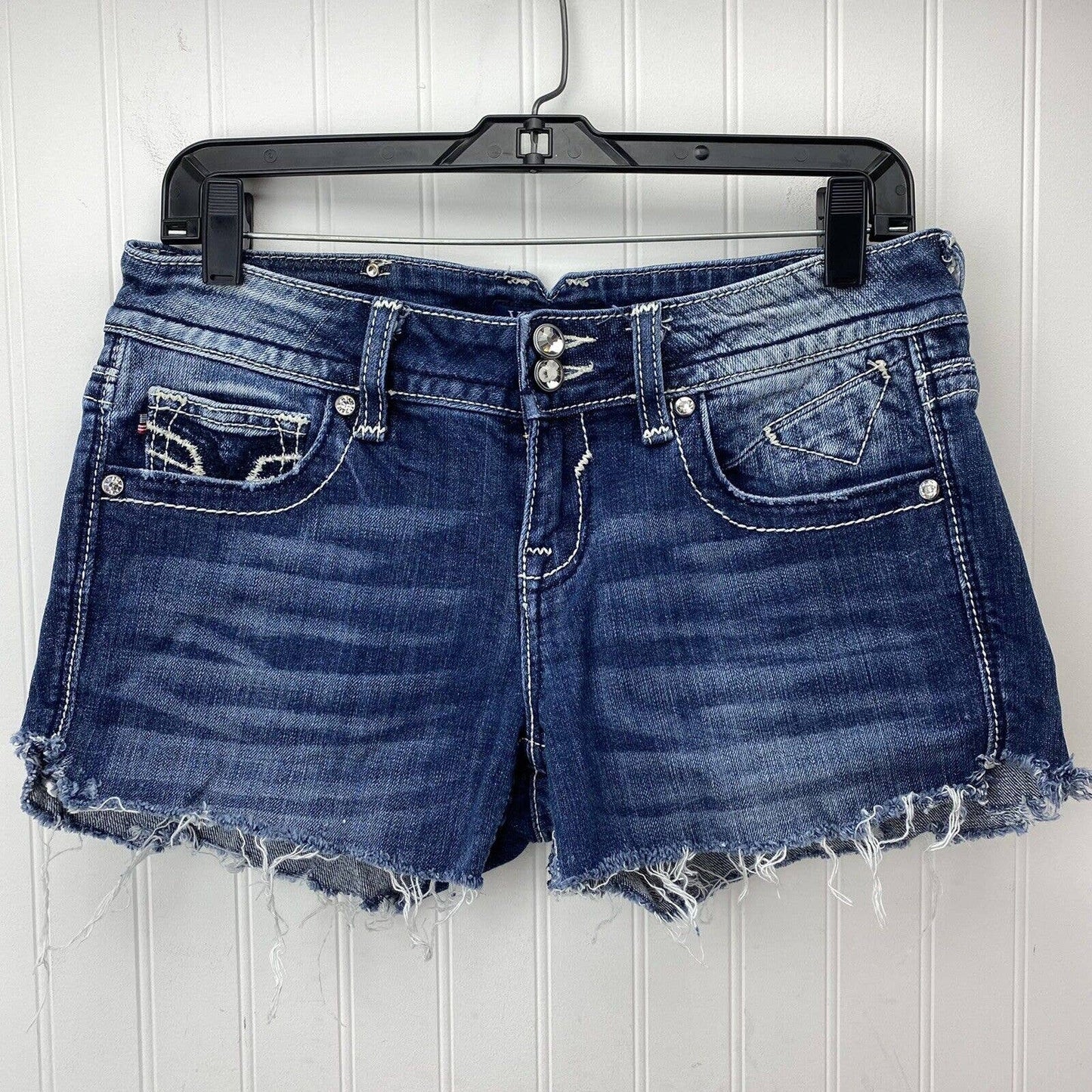 Vigoss Chelsea Cut Off Shorts Sz 7/8 Womens Denim Blue Jean Rhinestones Raw Hems