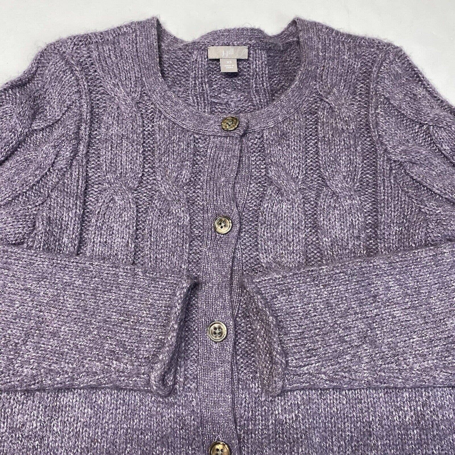 J Jill Button Up Cable Knit Cardigan XSmall Purple Lavender Long Chunky Sweater