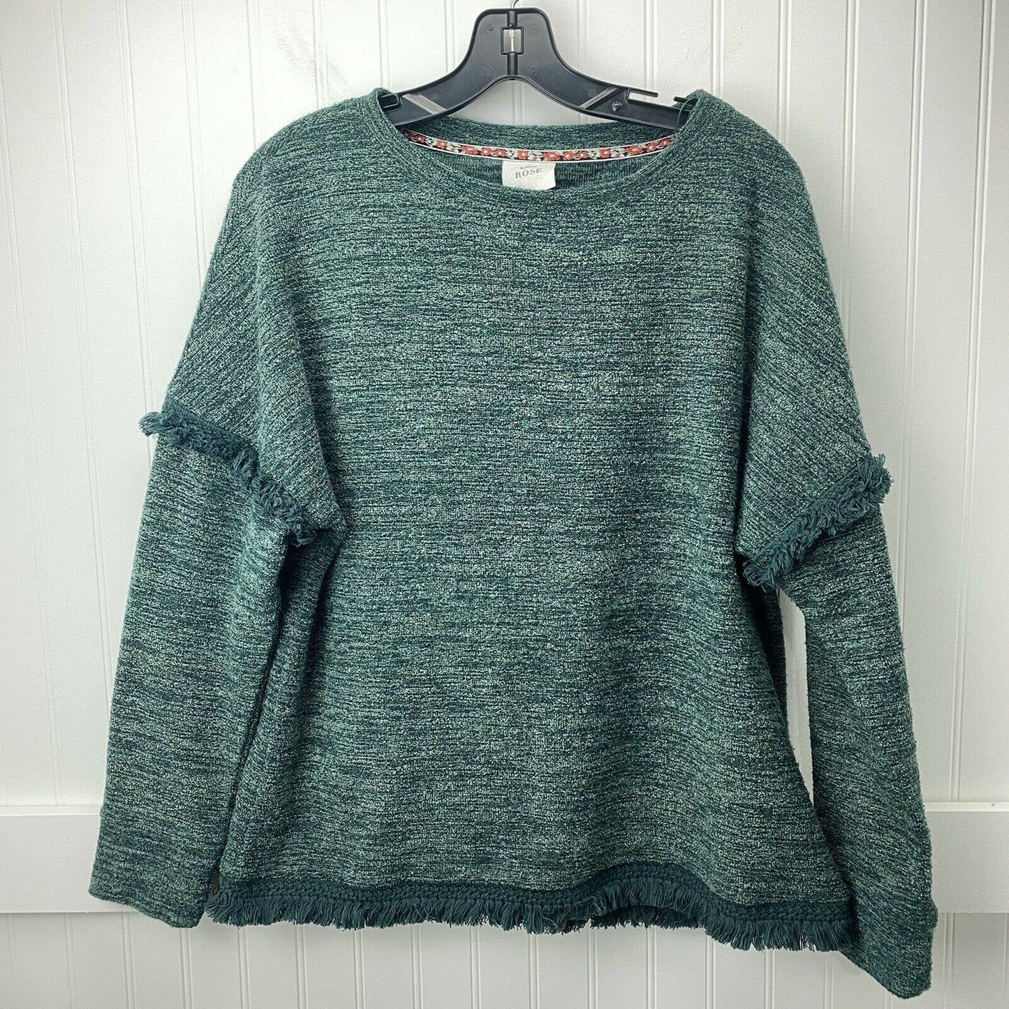 Knox Rose Sweater Sz Small Forest Green Boho Frayed Fringe Long Sleeve Pullover