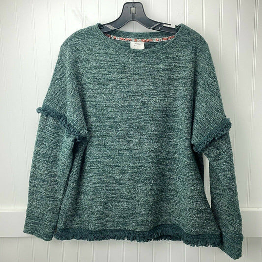 Knox Rose Sweater Sz Small Forest Green Boho Frayed Fringe Long Sleeve Pullover