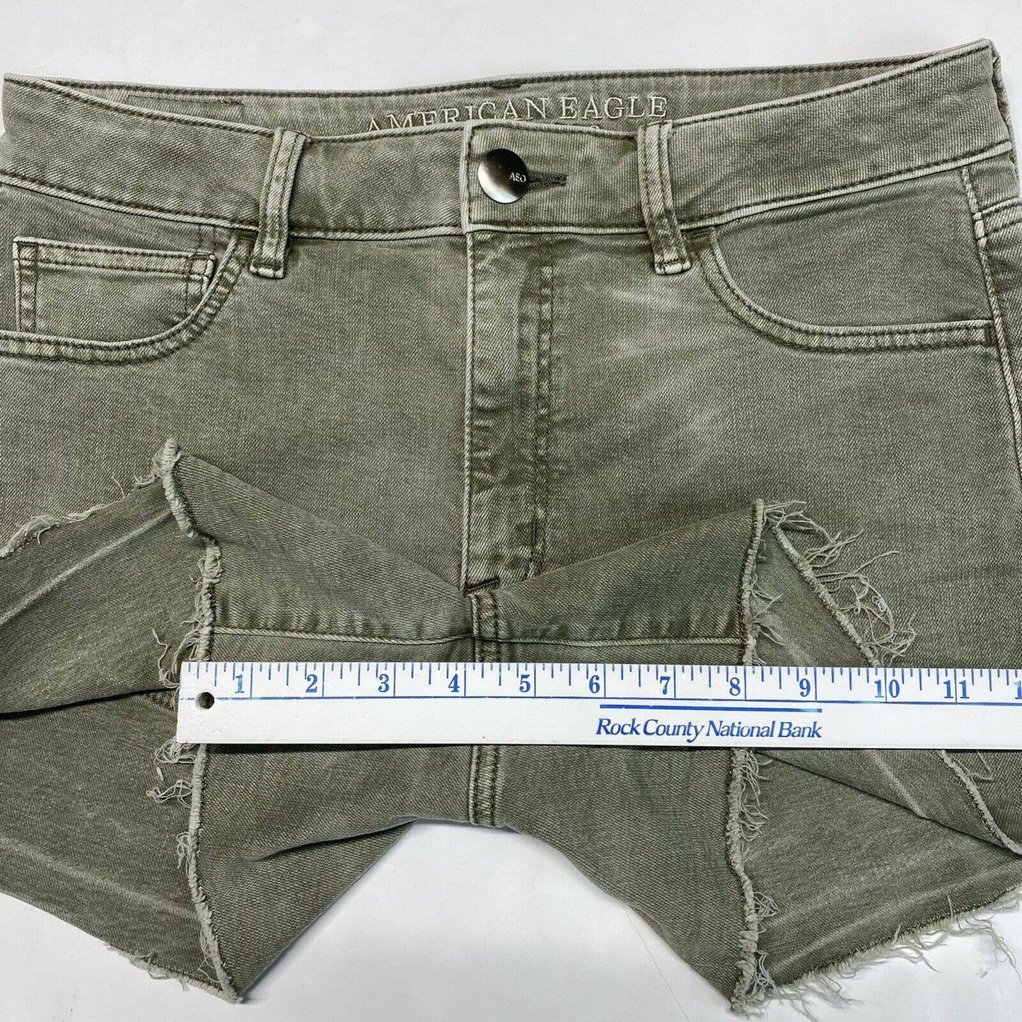 American Eagle Hi-Rise Shortie Sz 8 Super Super Stretch Green Denim Short RawHem