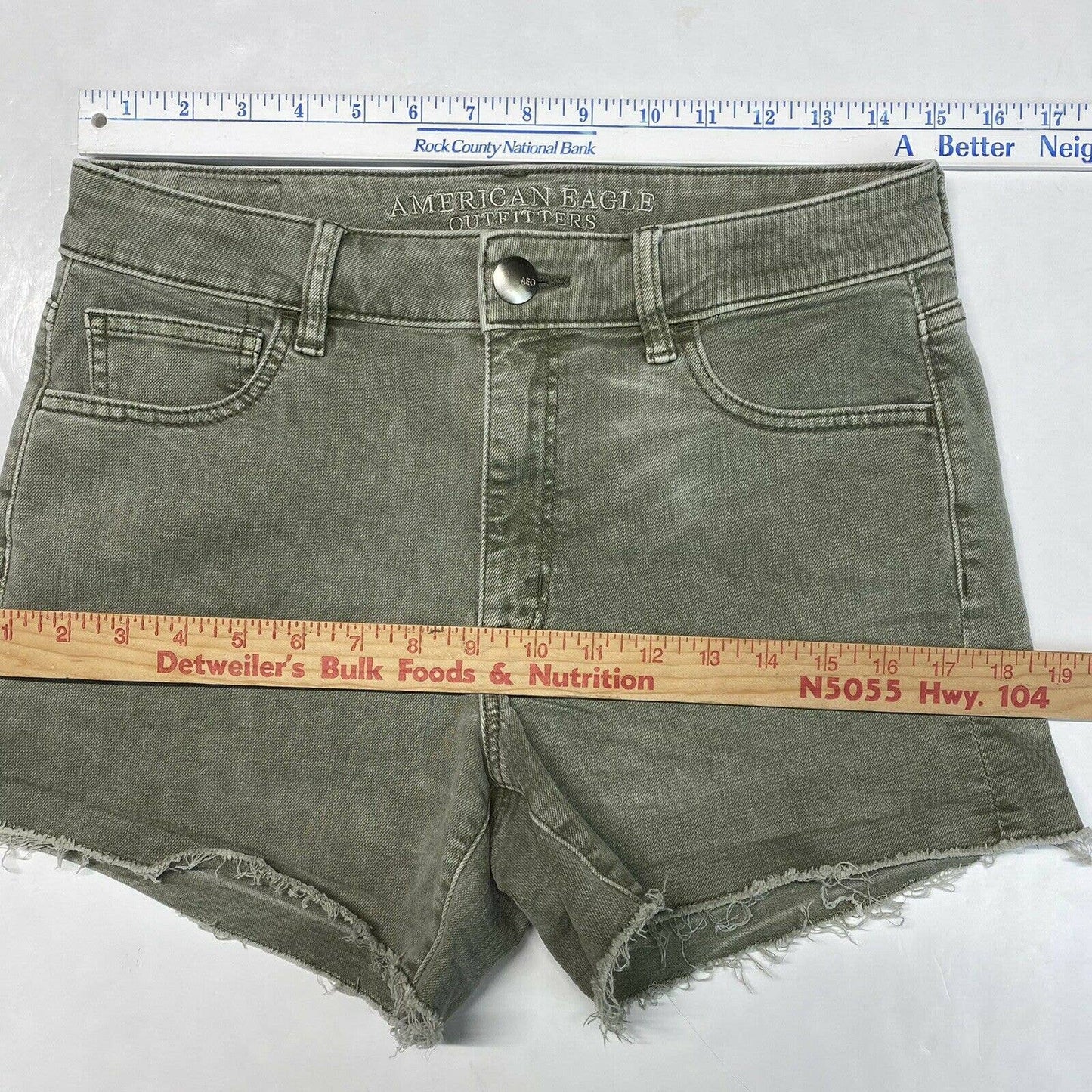 American Eagle Hi-Rise Shortie Sz 8 Super Super Stretch Green Denim Short RawHem