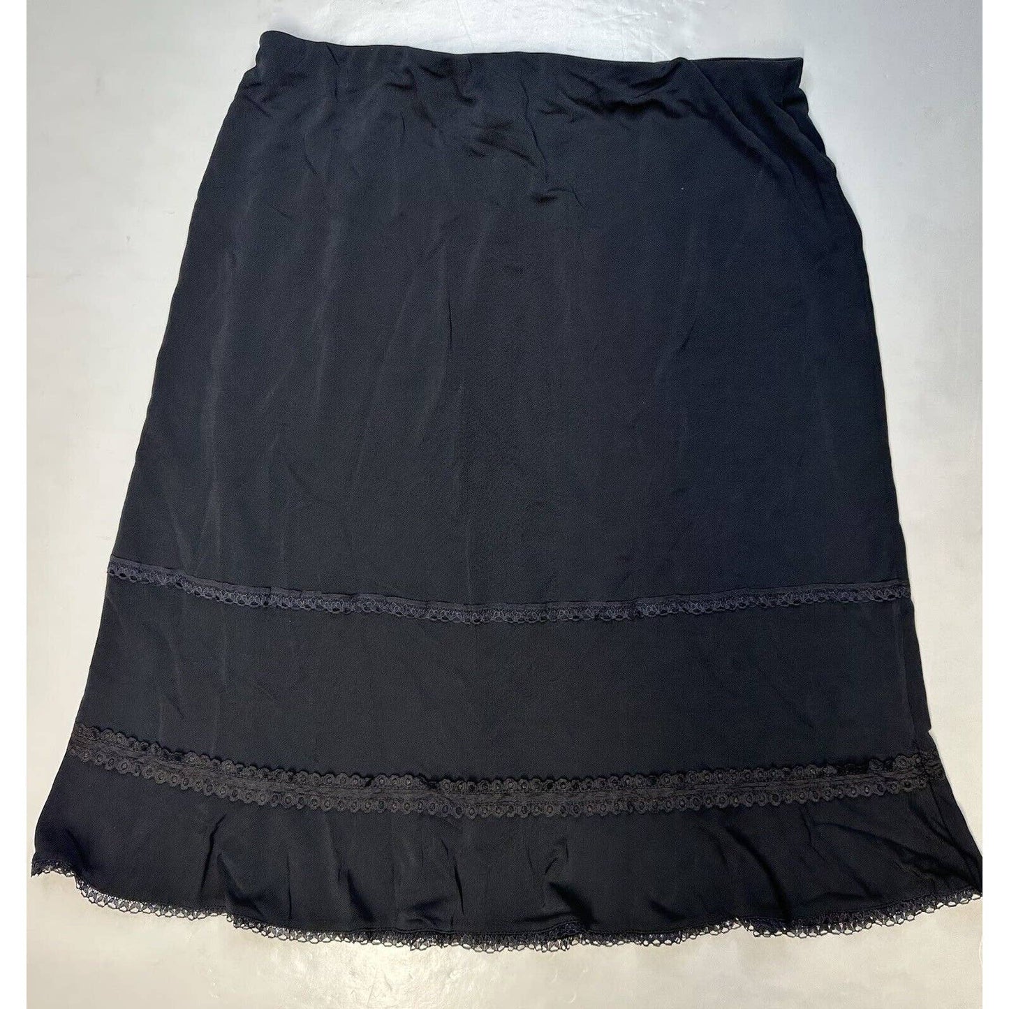 J.Jill Midi Skirt Large Black Pull On Slinky Slip Lace Trim Lightweight 90s