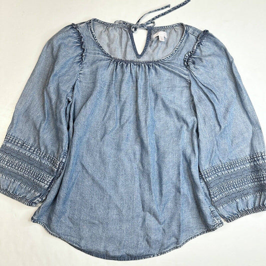 LC Lauren Conrad Chambray Lyocell Blouse Small Blue Long Sleeve Top Crochet Trim