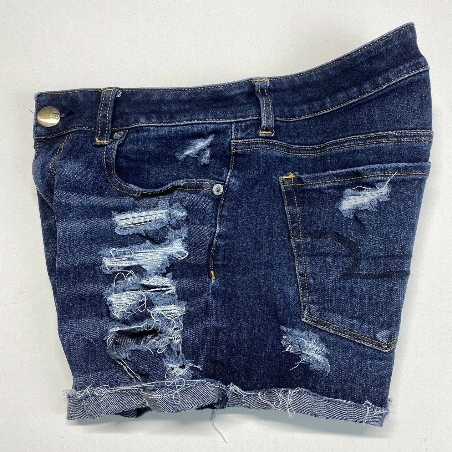 American Eagle Hi-Rise Shortie Sz 6 360 Super Stretch Denim Shorts Holes EUC