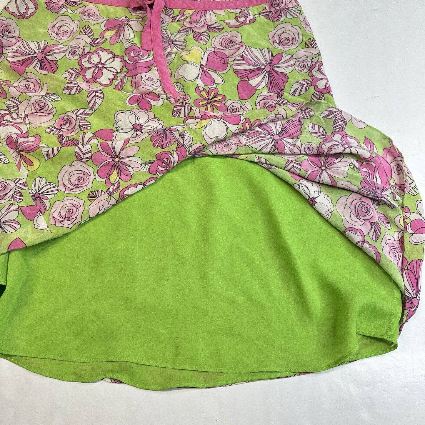 SLB Silk Short Skirt Womens Large Pink Green Floral Sheer Layer Retro Barbie