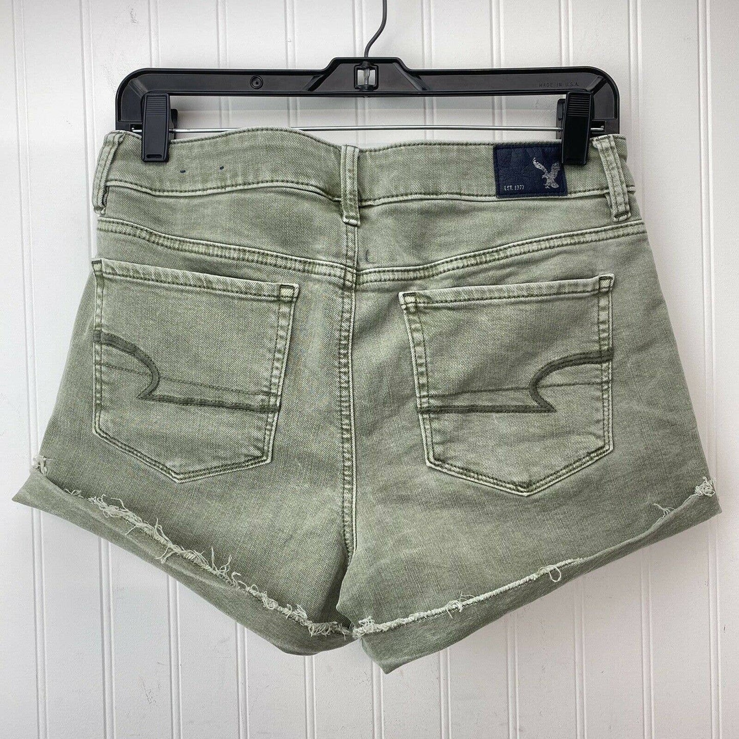 American Eagle Hi-Rise Shortie Sz 8 Super Super Stretch Green Denim Short RawHem