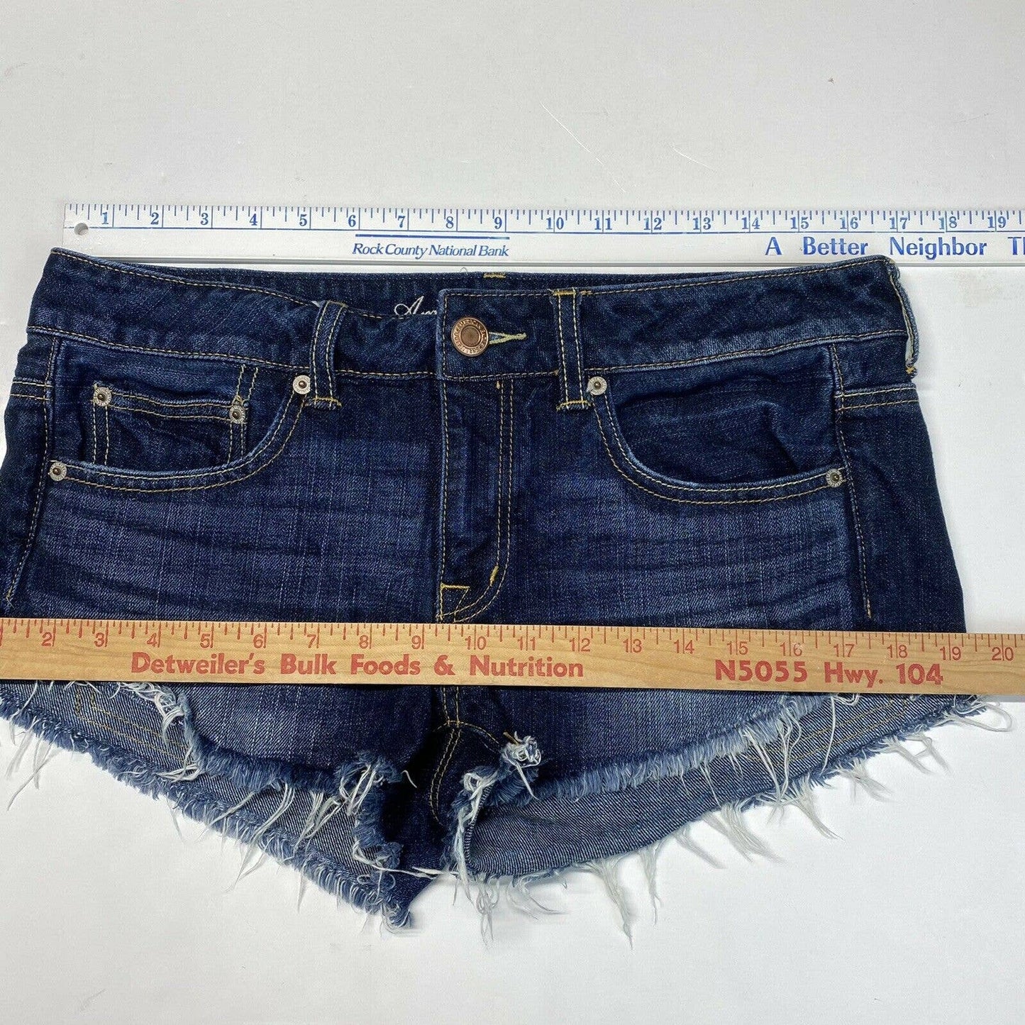 American Eagle Shortie Sz 8 Denim Blue Jean Short Dark Wash Raw Hem 100%Cotton