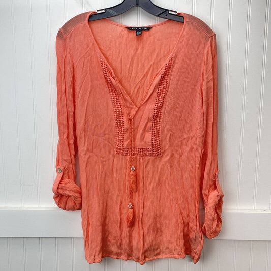 Zac & Rachel Boho Blouse Sz XL Coral/Orange Roll Tab Sleeve Gauze Tassels Beads