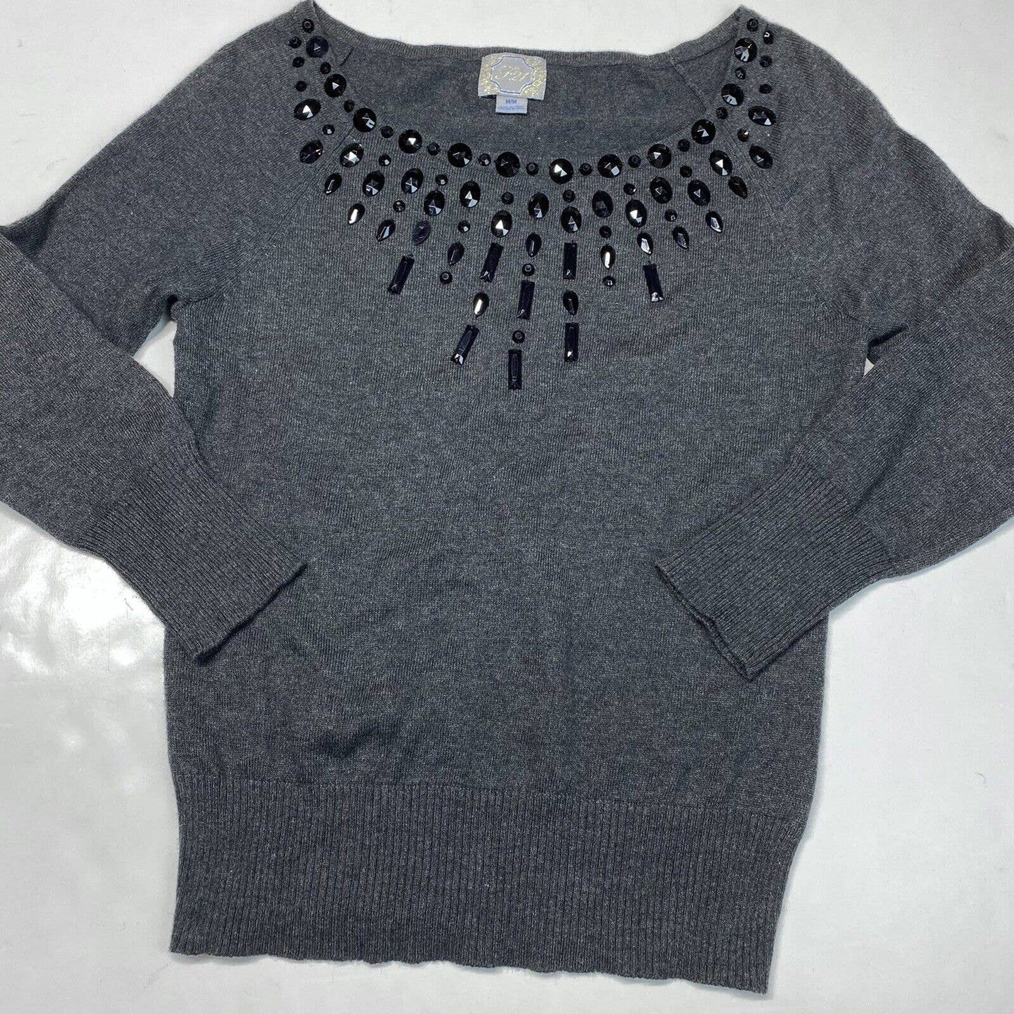 Forever 21 Soft Gray Sweater Medium Angora Blend Stretch Long Sleeve Embellished