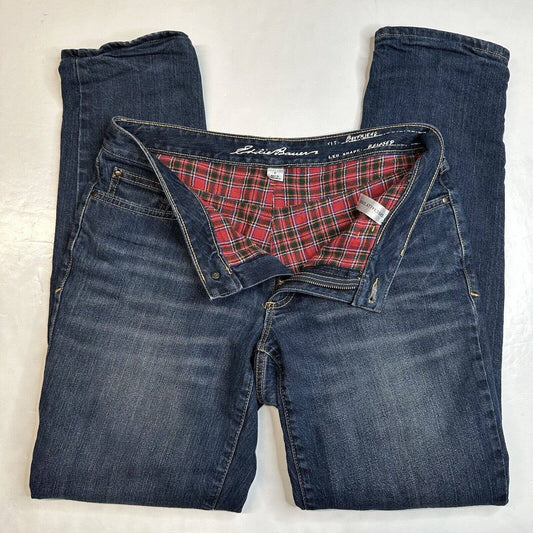 Eddie Bauer Flannel Lined Jeans Women 6 Relaxed Boyfriend Blue Denim Plaid *Flaw