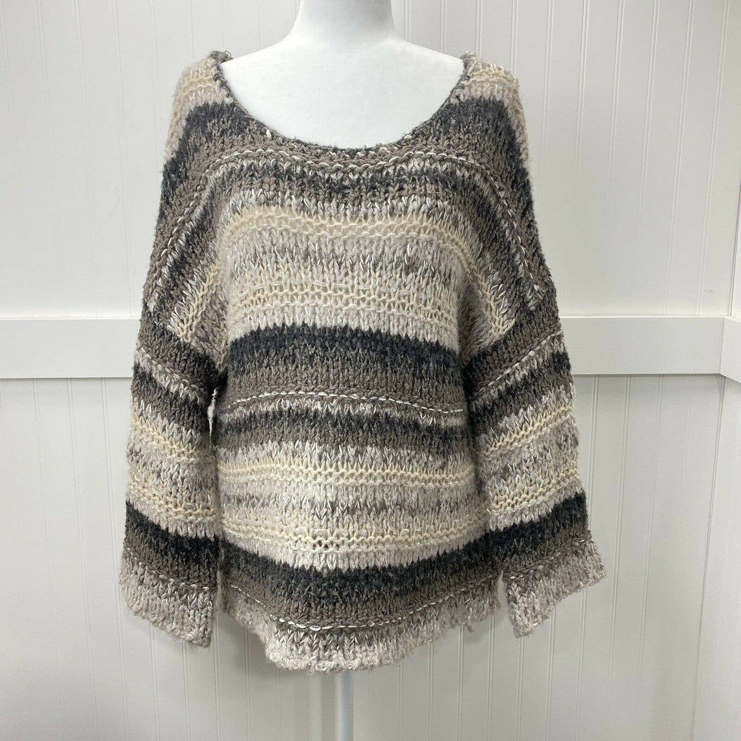 Free People Chunky Knit Oversized Sweater Sz XS Brown Beige Slouchy Boho Top