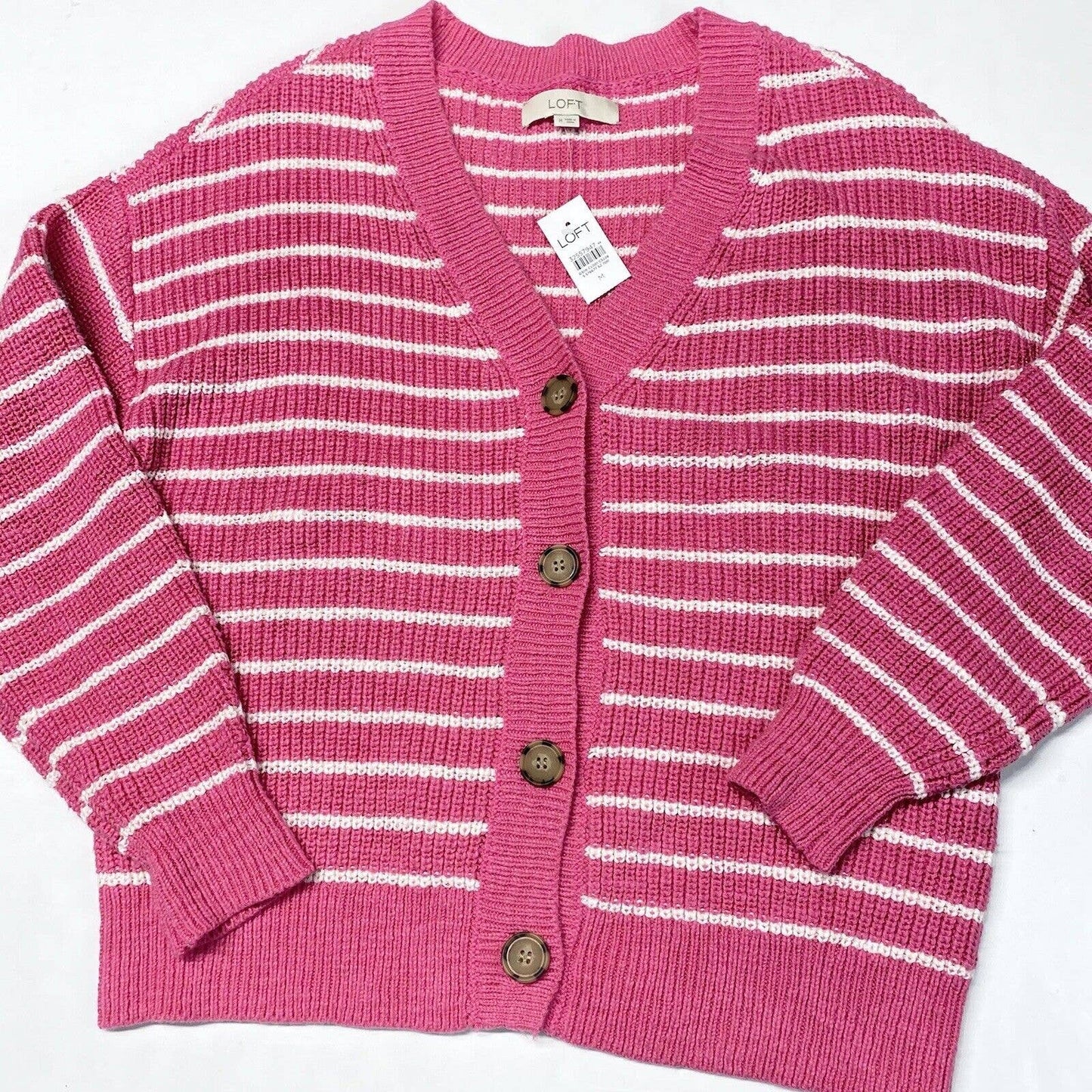 Loft Button Up Knit Cardigan Medium Pink/White Striped Long Sleeve Sweater NEW