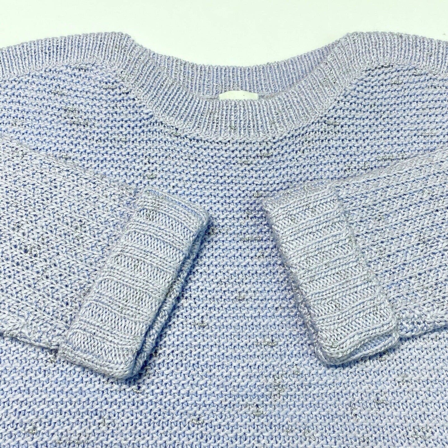 Chicos Knit Sweater Sz 1 (Medium) Light Blue/Silver Metallic 3/4 Sleeve Top