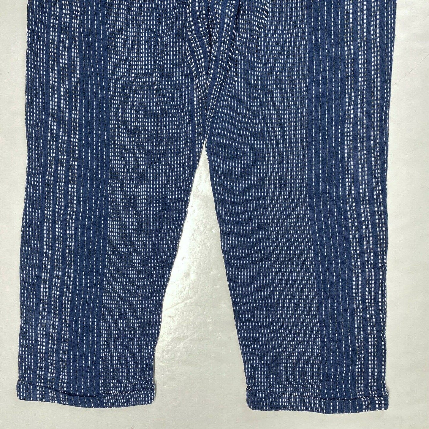 THML Pull On Crop Pants Sz Medium Blue Textured Boho Tassels Lightweight Cotton