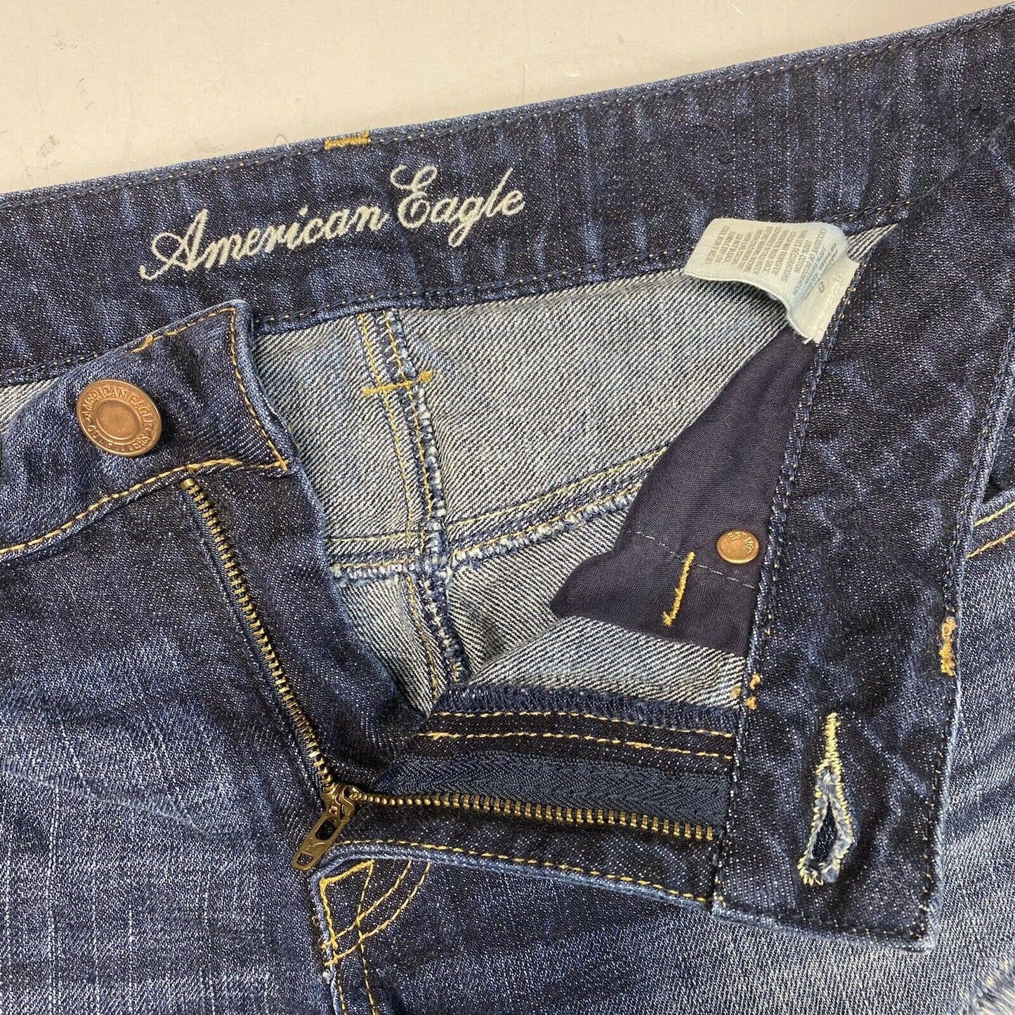 American Eagle Shortie Sz 8 Denim Blue Jean Short Dark Wash Raw Hem 100%Cotton