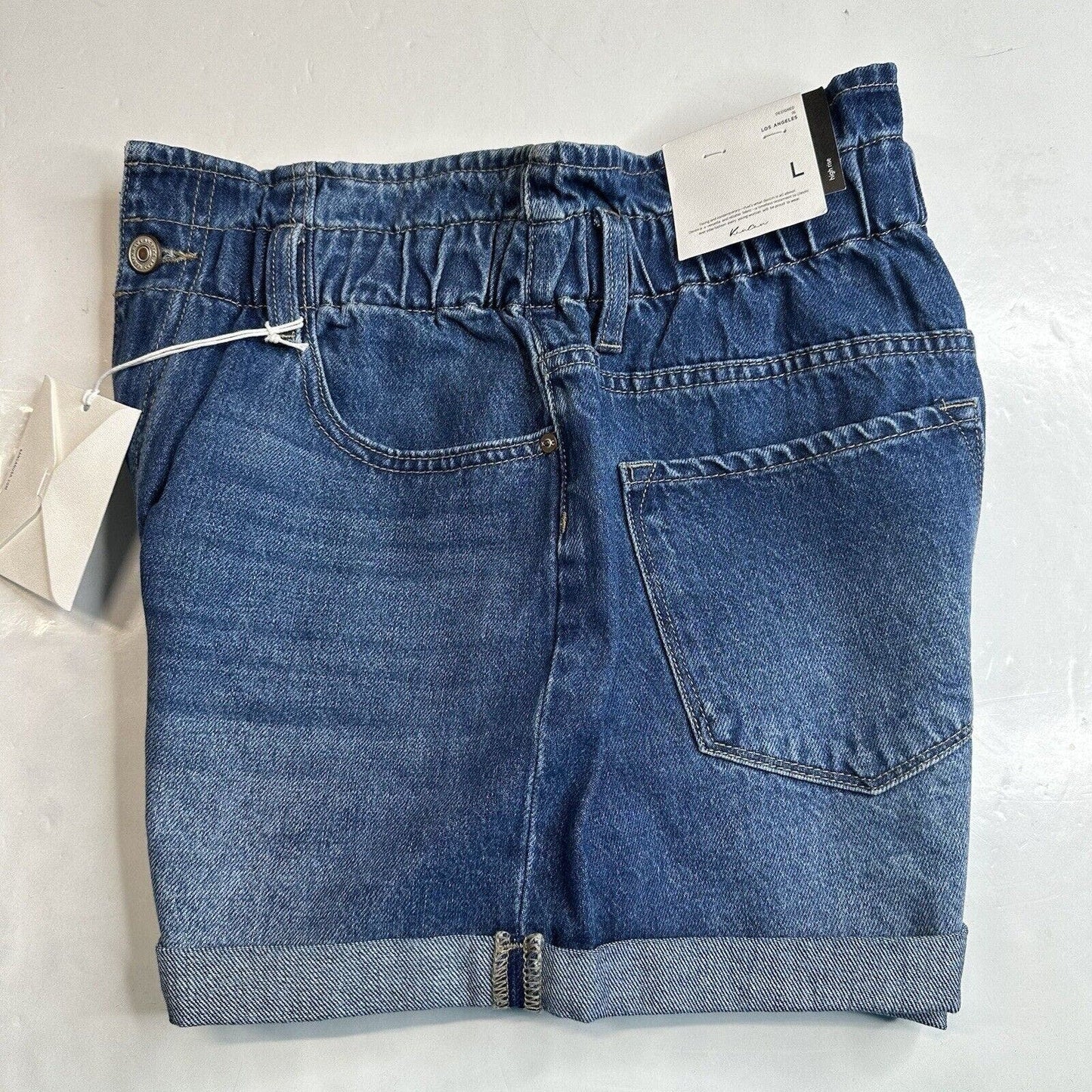 Kancan Izzie Paperbag Ultra High Rise Shorts Sz Large Denim Blue Jean Cuffed NEW