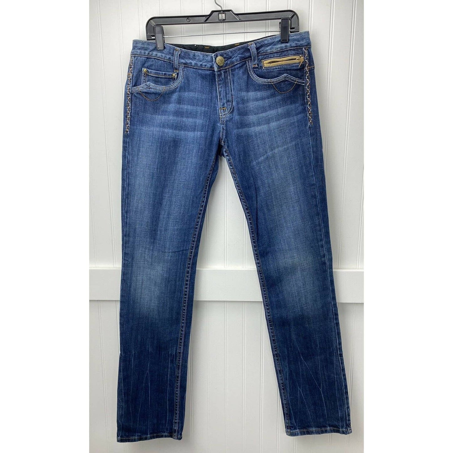 REROCK for EXPRESS Straight Leg Sz 30 Midrise Denim Blue Jeans Embellished