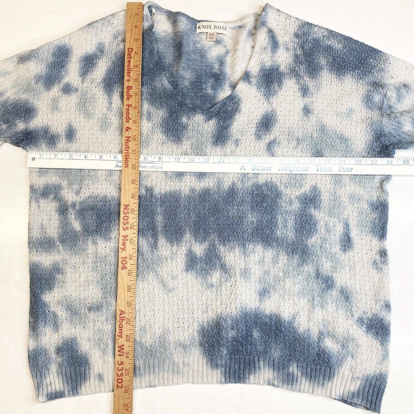 Knox Rose Sweater XXL Open Knit Long Sleeve Blue/White Soft Stretchy V-Neck Top