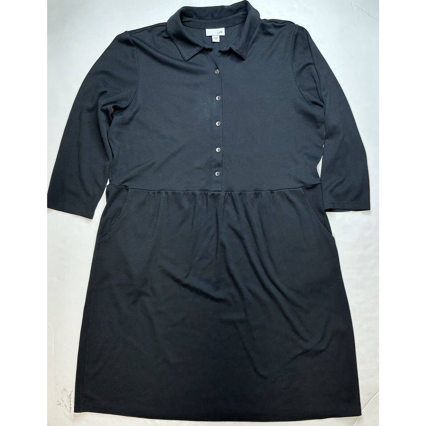 J Jill Shirt Dress Sz Medium Black Buttons Cotton Modal Blend Stretch 3/4 Sleeve