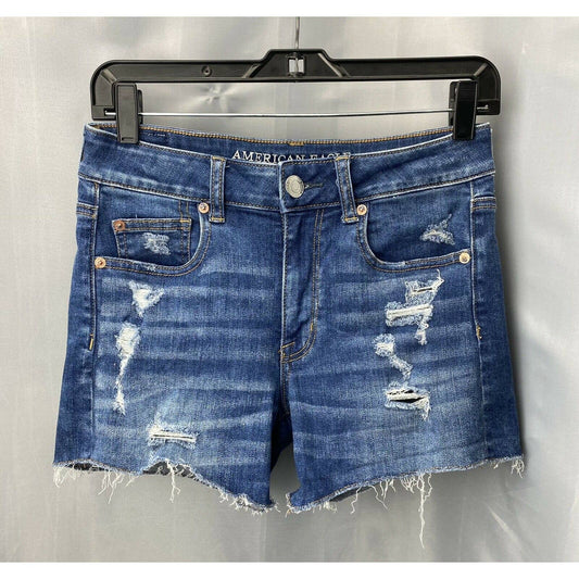 American Eagle Hi-Rise Shortie Sz 4 Denim Jean Shorts Destroyed Holes Raw Hem