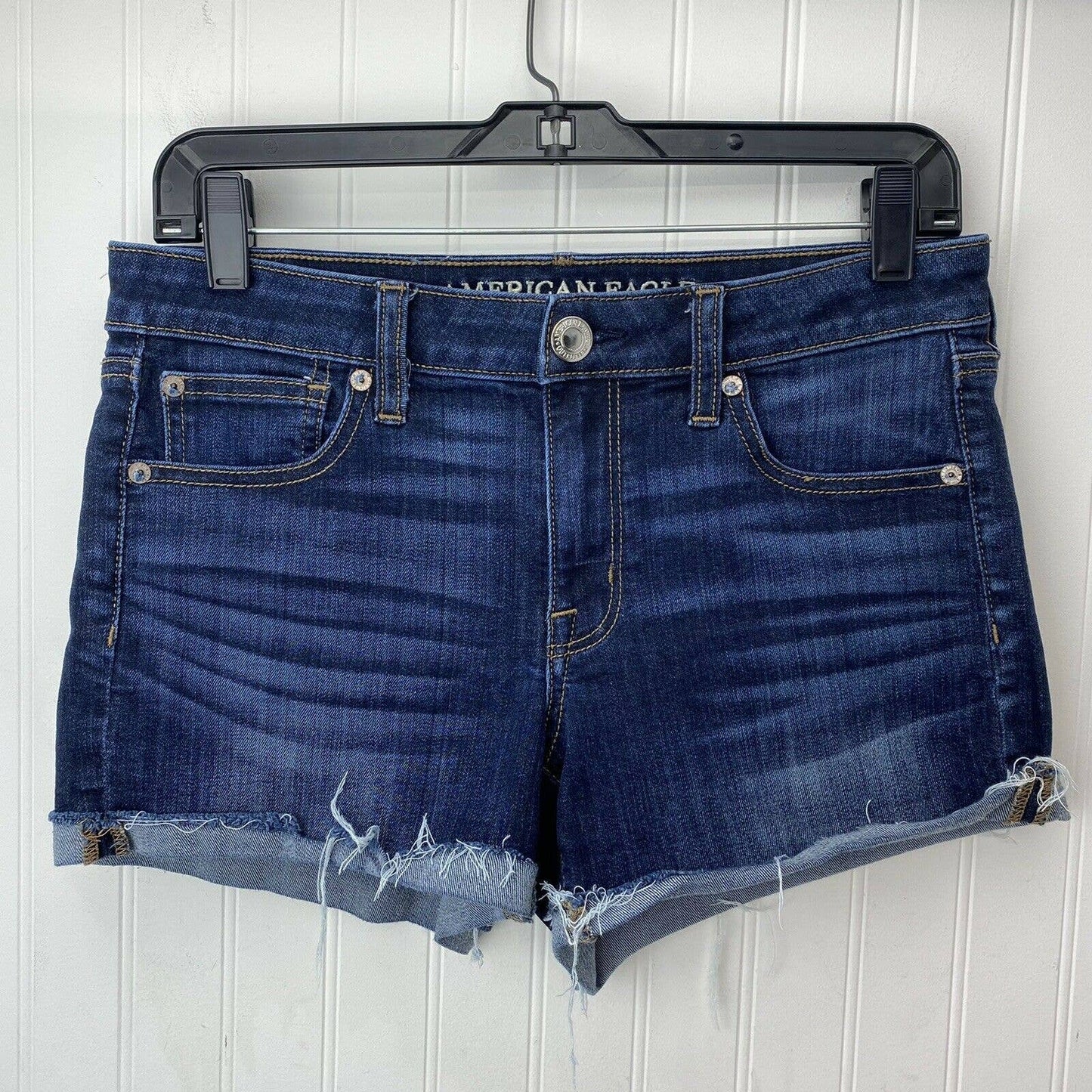 American Eagle Shortie Sz 8 Midrise Super Stretch Denim Shorts Dark Raw Hem EUC