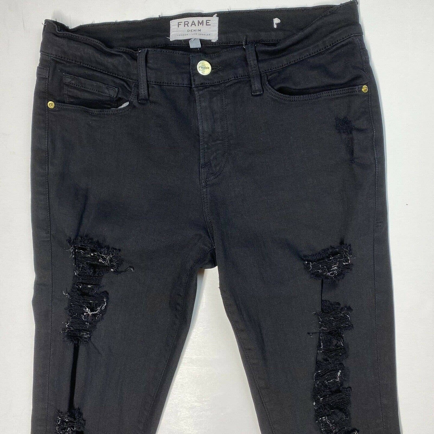 Frame Le Skinny Sz 28 Midrise Stretch Denim Black Jeans Distress Holes Destroyed