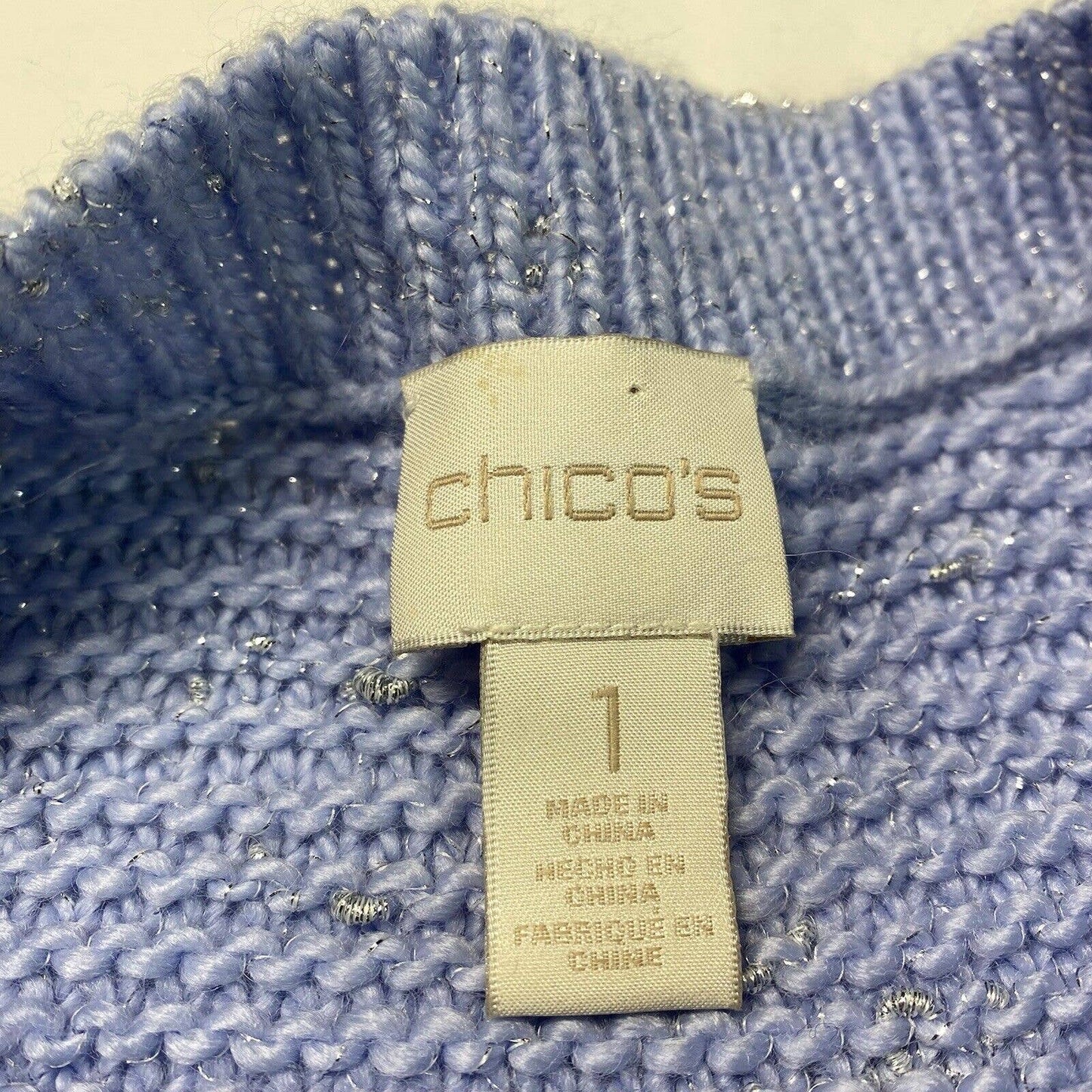 Chicos Knit Sweater Sz 1 (Medium) Light Blue/Silver Metallic 3/4 Sleeve Top