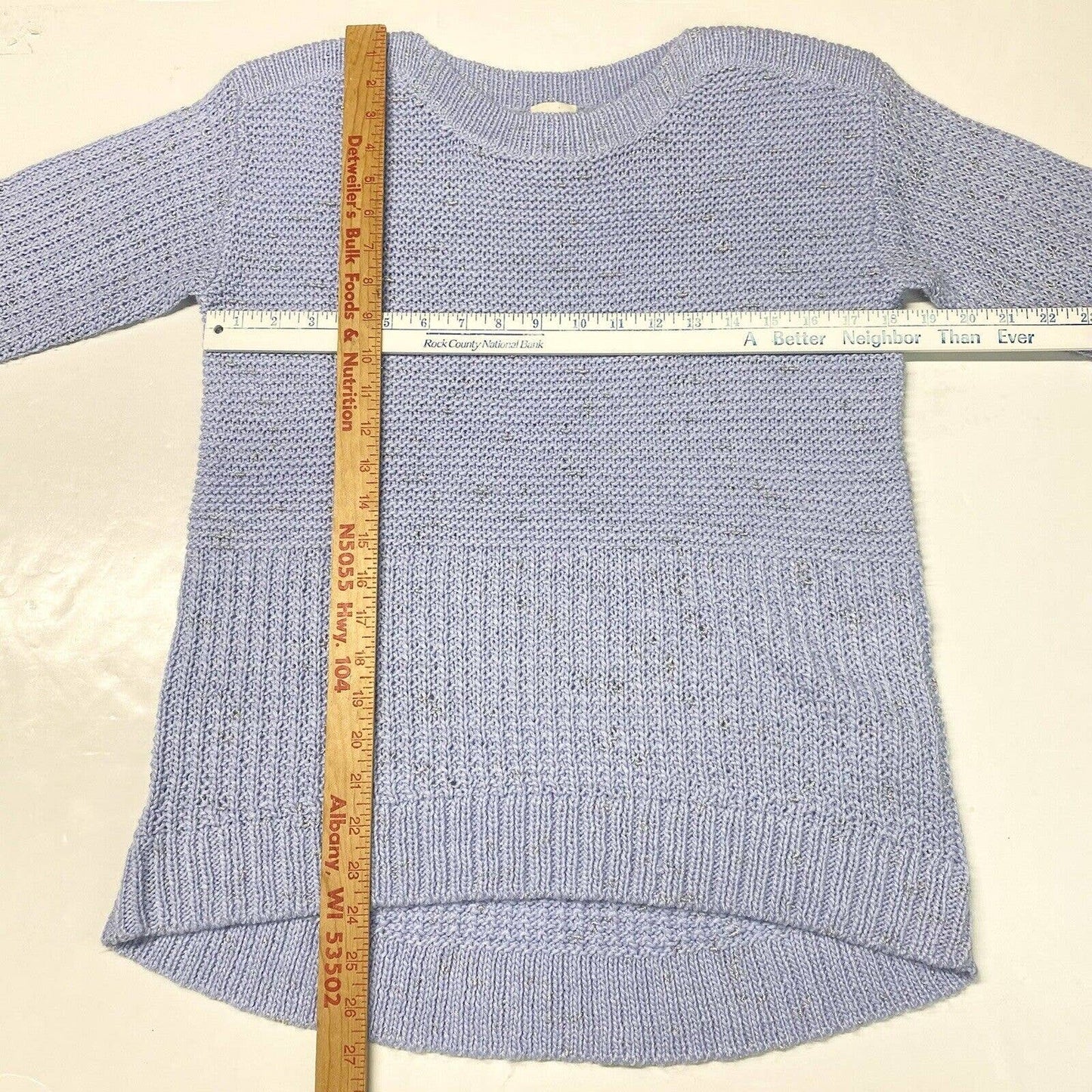 Chicos Knit Sweater Sz 1 (Medium) Light Blue/Silver Metallic 3/4 Sleeve Top