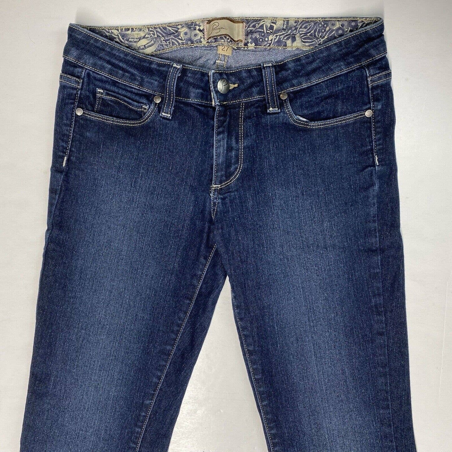 Paige Canyon Flare Jeans Sz 27 Womens Lowrise Stretch Denim Blue Dark Wash EUC