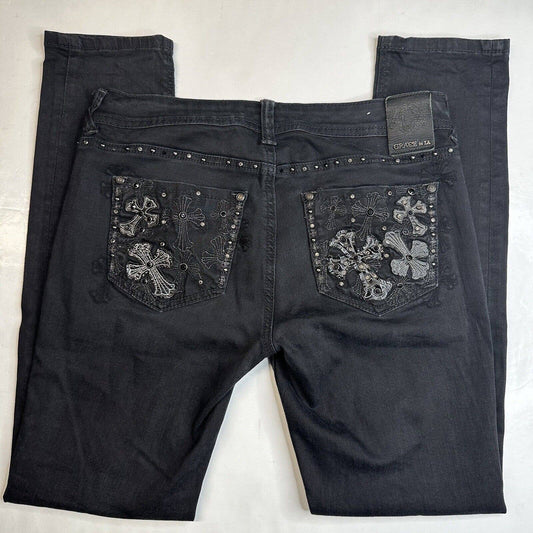 Grace In LA Skinny Jeans Womens 29 Black Denim Embellished Rhinestones Crosses