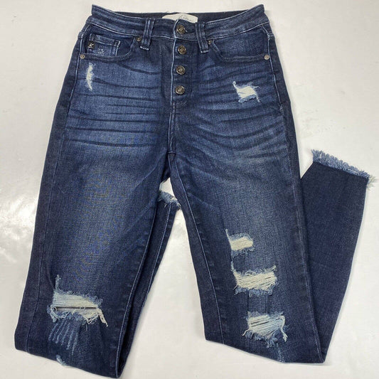 Kancan Skinny Ankle Sz 5/26 Stretch Denim Jeans Button Fly Dark Distressed Holes