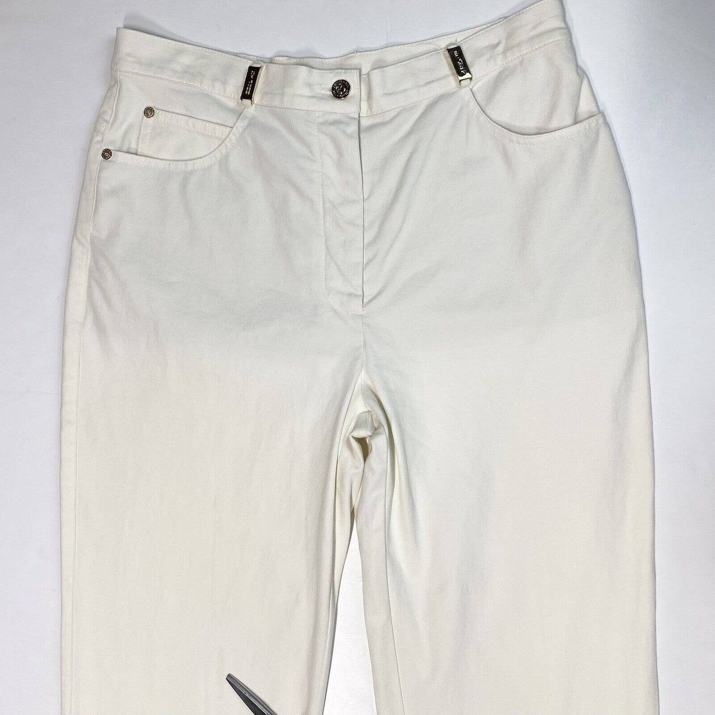 St John Sport Off White Straight Leg Pants Sz 10 High Rise Stretch USA *Flaw