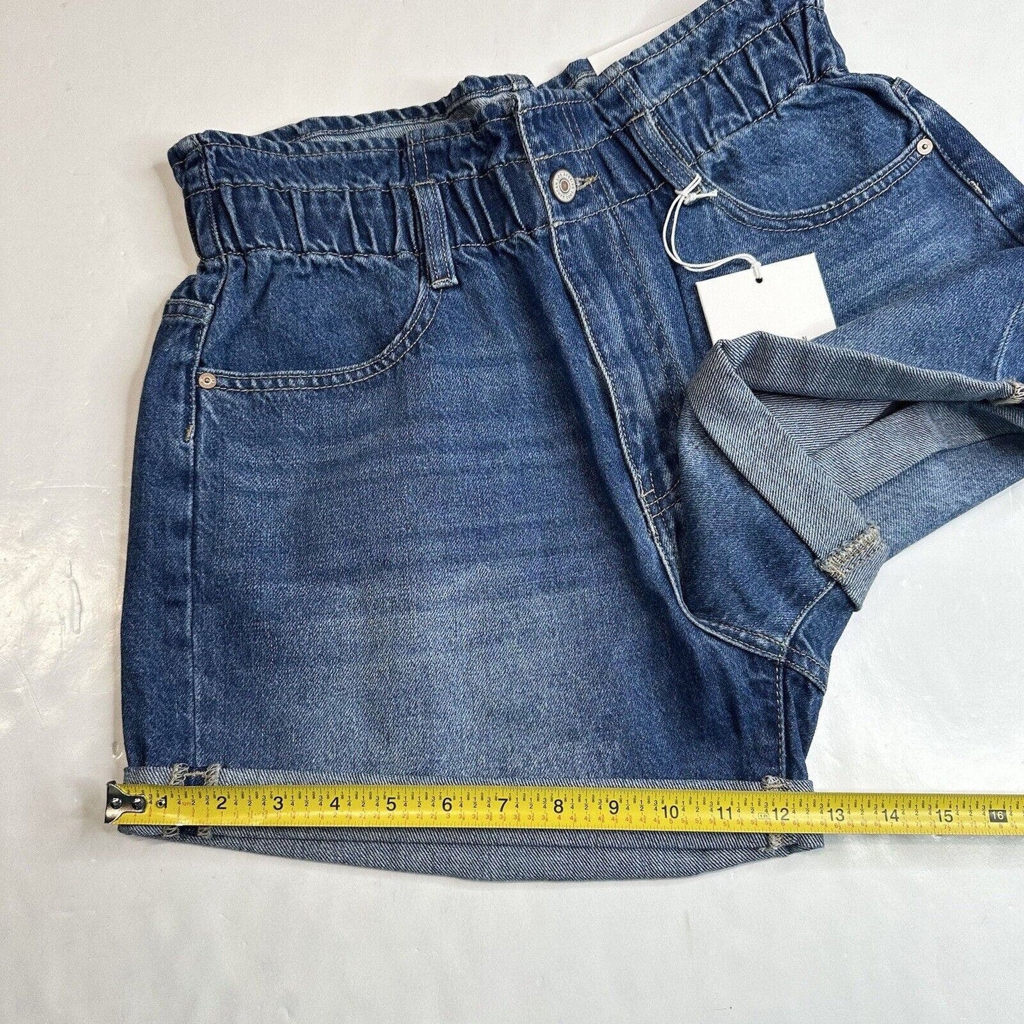 Kancan Izzie Paperbag Ultra High Rise Shorts Sz Large Denim Blue Jean Cuffed NEW